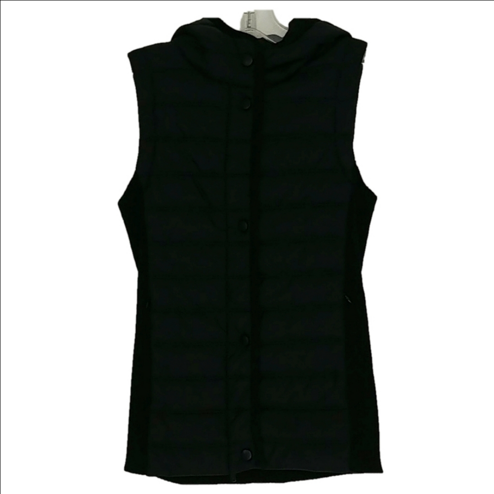 ARTISAN Ny Puffer Vest Women's Size XS Black Zipper Hooded Pockets Knit Rib Back